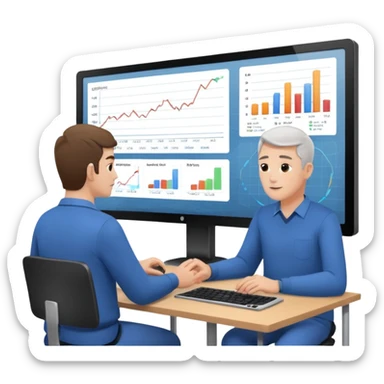 teaching somebody else in person, in the same place, watching the same monitor together, the trainee and trainer are in the similar age, two both are men, the monitor should be showing some data graphs  sticker