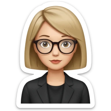 woman dark blonde petite bob haircut wears dark squarish glasses, classic clothes sticker