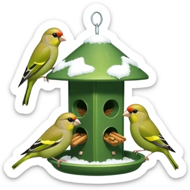 3 Green finch feeding on a bird feeder in the snow sticker