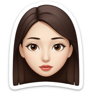 Una chica con piel muy clarita con pleo liso largo de color castaño y unos ojos marrones oscuro y labios grandes y nariz bonita y con unas pestañas que parezca asiatica que tenga las cejas un poquito mas juntas sticker
