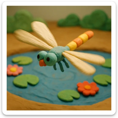 claymation style dragonfly flying with a blurred motion effect, colorful pond background sticker