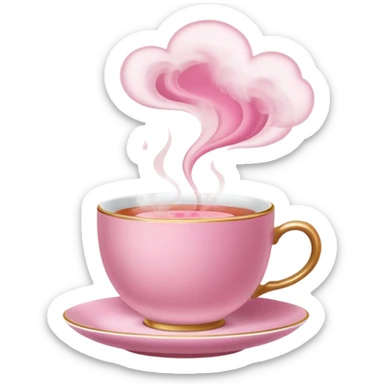 A pink teacup filled with tea, placed on a matching pink saucer, with gentle steam rising from the cup. Soft lighting, cozy and warm atmosphere sticker