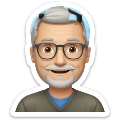 54 year old man, short shaved grey hair, beard, glasses sticker