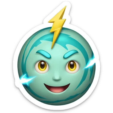 Uranus planet emoji in Apple-style, blue-green color with visible rings, a big playful and excited face, and one large yellow lightning bolt in front of the planet. The emoji is bursting with electric, chaotic, and unexpected energy, with highly expressive and fun features. sticker