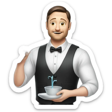 tim robinson dark black slicked back hair white long sleeve shirt with a light grey vest pouring water on a steak sticker
