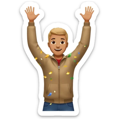 hombre sonriendo saltando con los brazos hacia arriba saltando, con explosivos, confites volando, sticker