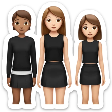 emoji of a girl with long, straight light brown hair, fair skin, soft brown eyes. Wearing a stylish black top and mini skirt. Full-height, standing confidently with shoulders back, head up, smiling proudly. Surrounded by 3men and one woman next to her, looking at her with admiration. sticker