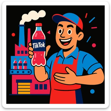 vibrant cartoon style illustration of a man standing proudly in front of his modern soft drink factory, holding a bottle of his signature drink and introducing it, TikTok-inspired, black background, bold colors, energetic and welcoming sticker