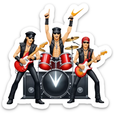 Icon for Rock Music: Scorpions live concert on stage with electric guitars, drums, and a powerful spotlight. Klaus Meine at the microphone, Rudolf Schenker and Matthias Jabs playing guitars, dynamic stage presence, and electric energy. Transparent background. sticker