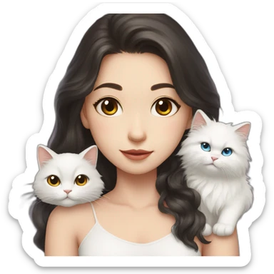 A girl with long dark hair and on her left shoulder and neck lies a white fluffy cat with different eyes sticker