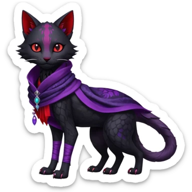 Kawaii feral, four-legged gothic dark badass black, red, purple, beautiful pretty elegant divine edgy feline-vernid-sergal-Trico-fursona-animal-creature, full body, with intricate detailed markings, silken shawl sticker