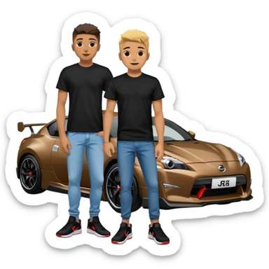 Grunge-style analog photo, London 2025, person inspired by the new reference image in model pose in front of a Nissan GT 86, black t-shirt, jeans, Nike Air Jordan low, using flash, analog grain, city night, 1/8. sticker