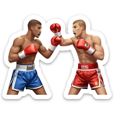  a high-stakes boxing match for the world championship title. Two professional boxers, wearing gloves and championship belts, exchange powerful punches in the center of the ring. The background features a packed arena with bright lights, a roaring crowd, and the championship banner hanging above.  sticker