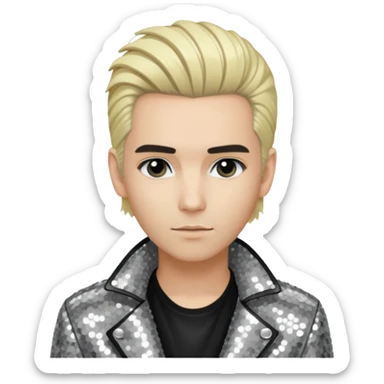  Bill Kaulitz from Tokio Hotel with blonde hair, silver sequin jacket, black shirt sticker