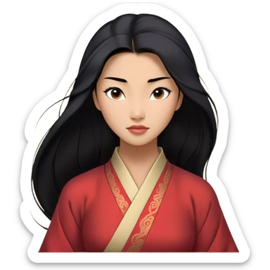 Cinematic Realistic Mulan Portrait, depicted with lifelike skin texture, soft natural lighting, and intricately detailed long black hair styled elegantly. Her deep, expressive eyes exude determination and grace, complemented by a serene yet confident expression. She is dressed in her classic attire, with rich fabric textures and delicate folds that catch the light beautifully. The portrait features a soft, enchanting glow with a natural, radiant finish, capturing the essence of timeless strength and beauty in a realistic and painterly style, evoking a sense of depth and authenticity. sticker