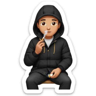 A man sitting on a chair, wearing a black puffed coat with hood, hands in his pocket, smoking a cigaret, he is on a chair, the chair is an outside coffe terrasse chair sticker