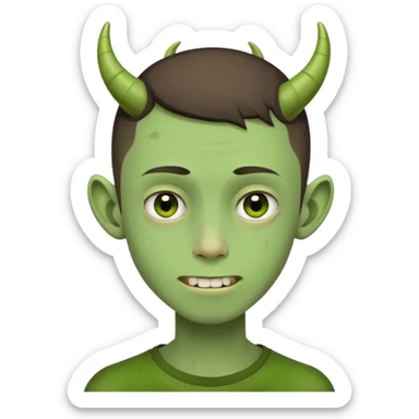 Make a brunette teenage guy with a buzz cut, VERY skinny, with a wart on its cheek, missing teeth, that looks homeless, with horns, and green skin. remember, make him VERY SKINNY sticker