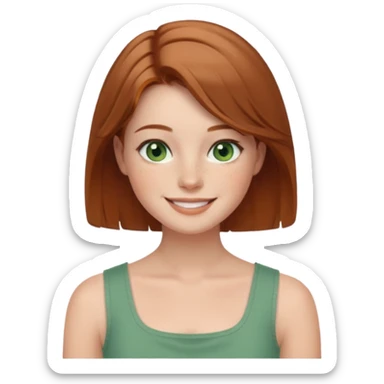 emoji of a woman named Freya McOmish, smiling, green eyes, light brown hair, subtle freckles, modern casual style, wearing a square neck sleeveless top sticker