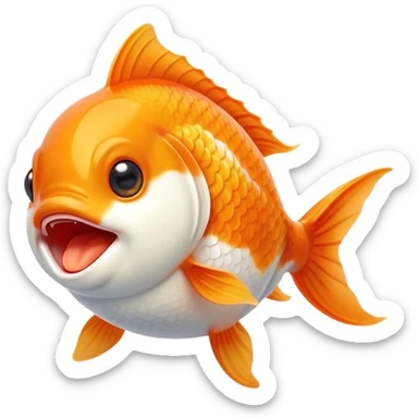 Cinematic Cute Yawning Orange and White Goldfish Portrait Emoji, Head tilted slightly with a dramatic, wide-open yawn, showcasing a smooth body with a balanced blend of orange and white, graceful fins slightly drooping, round golden eyes barely open in drowsy contentment, Simplified yet irresistibly adorable features, highly detailed, glowing with a soft, cozy glow, high shine, relaxed yet expressive, stylized with a touch of whimsy, bright and endearing, soft glowing outline, capturing the essence of a sleepy yet affectionate goldfish, so drowsy it feels like it could float out of the screen and curl up for a nap! sticker