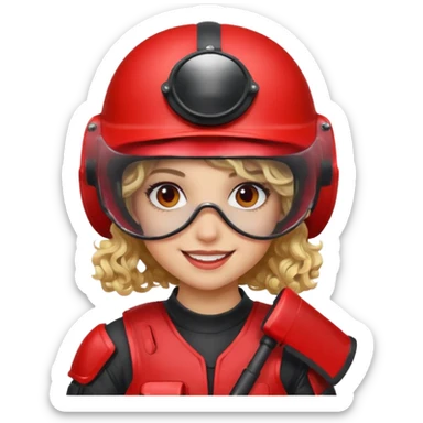 blond curly girl playing paintball with red paintball helmet with eye protection, only face sticker