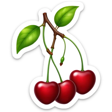 Pair of vibrant deep red cherries with green stem, fruit sticker