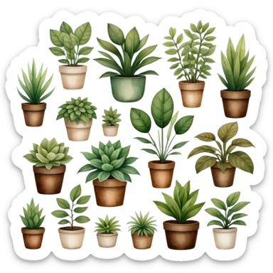A vintage-inspired botanical watercolor of assorted houseplants, arranged harmoniously with muted tones and natural textures. sticker