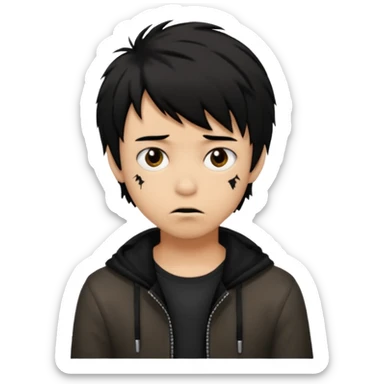 Boy, light brown skin, black hair, short long, emo, shaggy, creepy expression sticker