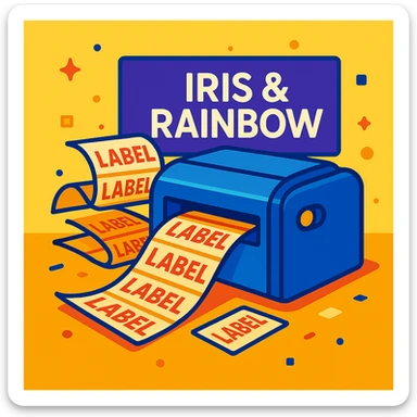 Change the background color behind the 'Iris & Rainbow' logo to purple. Do not add a rainbow to the logo. Keep the rest of the scene the same: a printer printing many labels, vibrant and clear. sticker