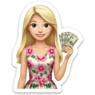 rich long straight hair blonde australian millionare woman holding a lot of money wearing cute floral dress sticker