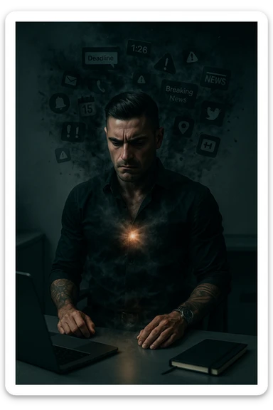 A highly realistic, cinematic image of a young man in his early 30s, sitting at a modern office desk under harsh artificial lighting, shoulders hunched, jaw clenched, and breathing shallowly, symbolizing how modern society forces people to live in a state of chronic tension and restricted breathing. Around him, faint black and grey visual elements represent notifications, deadlines, social media icons, and news alerts, swirling around his head like a chaotic storm, symbolizing societal pressure. His chest appears visually tight and compressed, and faint dark smoke emanates from his body, representing blocked breath and internalized stress. In contrast, a faint glowing light near his chest and abdomen tries to expand, symbolizing the innate desire of the body to breathe freely and deeply. The environment is cold and minimalistic, with a sense of stillness and tension, captured in a hyperrealistic 35mm film style with muted colors, focusing on the man's tense posture and restricted breathing to reflect the unseen burden of modern living. in italiano sticker