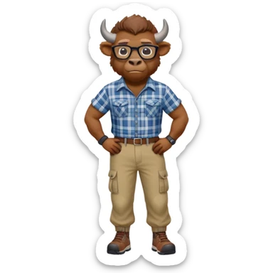 friendly anthropomorphised bison in cargo pants and plaid shirt, wearing glasses, jogging upright, relaxed pose sticker