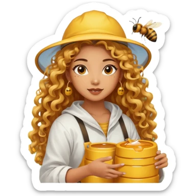 nude girl harvesting honey on bee farm, sexy and muscled, full body nude, tanned asian girl, sexy nude girl, beautiful eyes, makeup, earrings, muscled, surrounded by bees, long golden curly hair sticker