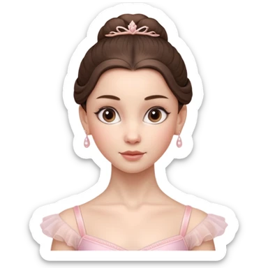 Cinematic Realistic ballerina Portrait, depicted with lifelike skin texture, subtle rosy undertones, and soft natural lighting that enhances the gentle contours of her face. Her intricately detailed sweet brunette hair is elegantly styled, sticker