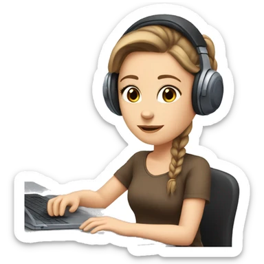 white girl at desk, brown hair, ponytail, blue eyes, computer, headphones sticker