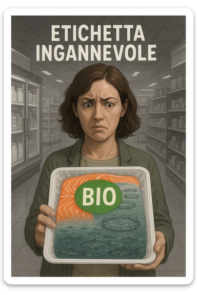 Scena in un supermercato moderno: uomo o donna tiene in mano una confezione di salmone etichettata 'BIO', con un grande bollino verde. Ma in trasparenza, dietro l’etichetta, si intravede un allevamento intensivo di salmoni in gabbie marine, acqua torbida e pesci ammassati. Espressione del cliente confusa e sospettosa. Sopra la testa, testo simbolico fluttuante: 'Etichetta ingannevole'. Colori contrastanti: confezione brillante ma realtà di fondo grigia e artificiale. Stile realistico con elementi simbolici forti realistico sticker