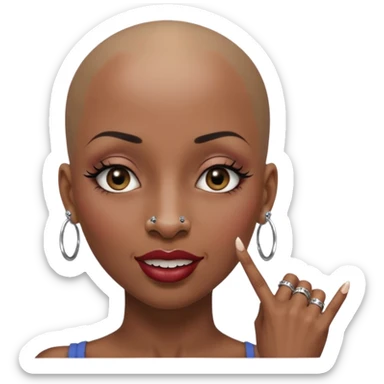 Grown black (proud) woman, bald with a perfect head, a prominent nose with a septum piercing, many piercings on her ears, a gap between her front teeth and very long nails (cynthia erivo) a proud lesbian, with long lashes and her finger tapping the top of her head sticker
