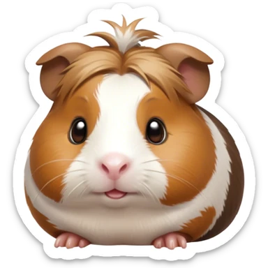 Cinematic Cute Brown and White Banded Guinea Pig Portrait Emoji, Head tilted playfully and inquisitively, showcasing a fluffy coat with playful brown and white banded patterns, round, sparkling dark eyes filled with curiosity, Simplified yet irresistibly adorable features, highly detailed, glowing with a warm, friendly glow, high shine, affectionate and spirited, stylized with a touch of whimsy, bright and endearing, soft glowing outline, capturing the essence of a mischievous yet loving guinea pig, so playful it feels like it could dash out of the screen and into your arms! sticker