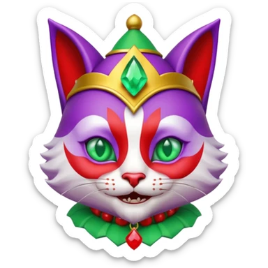 crazy colorful cute little cat jolly joker from poker, medieval, vintage, court jester, mac os icon, purple, gold and red color, half body, emerald green ice eyes. Squared shape as 3D mac os icon, symmetrical sticker