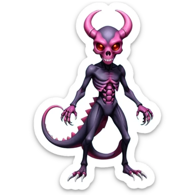 Shiny Horned Futuristic Badass Demonic Spectral Dusky Spooky Skull-faced Cool Hot Stylish Handsome Alien-Salandit-Darkrai-Genesect-Fakémon-fusion (full body) sticker