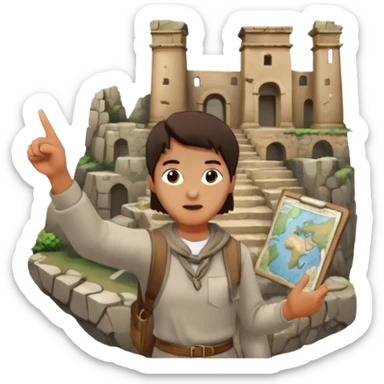 Icon for Documentary Film: A traveler in casual clothing standing and pointing towards ancient ruins, explaining history. The scene should evoke a sense of exploration, with the traveler holding a map or scroll. Include crumbling stones and historical artifacts. Transparent background. sticker