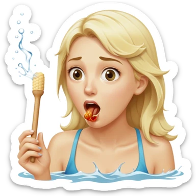 blond woman eating a wide stick the same color as her skin, with a bite taken out of the edge, water stream squirting directly from the stick into her open mouth, surprised expression sticker