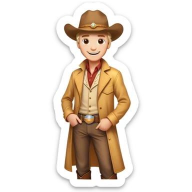 Clash of Clans aesthetic Cheerful Cowboy Portrait Emoji, With a bright, confident smile and a relaxed, adventurous stance, showcasing a stylized, spirited build in a duster coat and classic hat, his face rendered in natural skin tone, Simplified yet expressive features, highly detailed, glowing with a soft, golden western radiance, high shine, upbeat and daring, stylized with an air of classic cowboy allure, soft glowing outline, capturing the essence of a cheerful cowboy ready to gallop into epic adventures! sticker