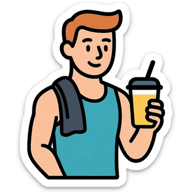 one man at the gym holding a smoothie and relaxing after workout, icon style, simple and clear design sticker
