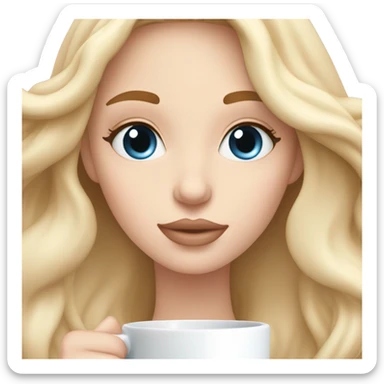 Blonde girl with long wavy hair in a light pink blanket sipping coffee eyes closed white skin blue eyes and soft natural makeup sticker