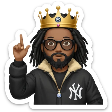 African American man with shoulder length black dreadlocks with black beard wearing black sunglasses wearing Crown on his head wearing a black bubble m New York Yankees logo winter coat pointing up and out sticker