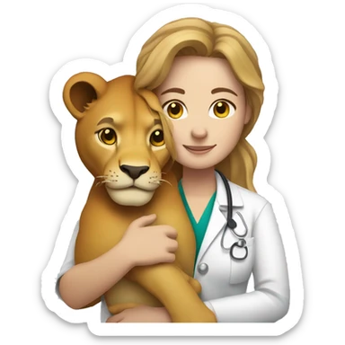 Woman veterinarian with light brown hair cuddling a lion sticker