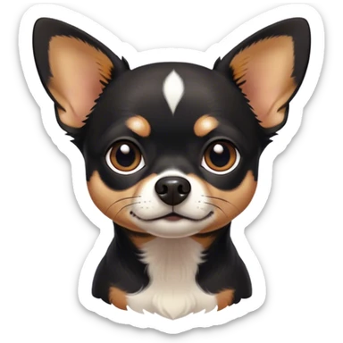 Cinematic Noble Black Tri Short Haired Chihuahua Portrait Emoji, Poised and regal, with a compact, muscular build and a striking black tri-color coat with hints of white and tan, deep-set soulful dark eyes, Simplified yet sharp and sophisticated features, highly detailed, glowing with a soft, dignified glow, high shine, intelligent and loyal, stylized with an air of strength, focused and attentive, soft glowing outline, capturing the essence of a watchful and confident guardian, so majestic it feels as though it could step out of the screen with effortless authority! sticker