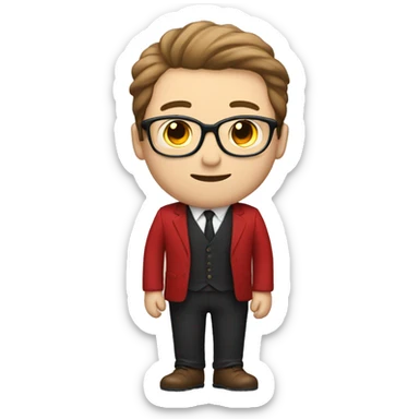 pale skinny guy with brown hair, black glasses and red suit sticker