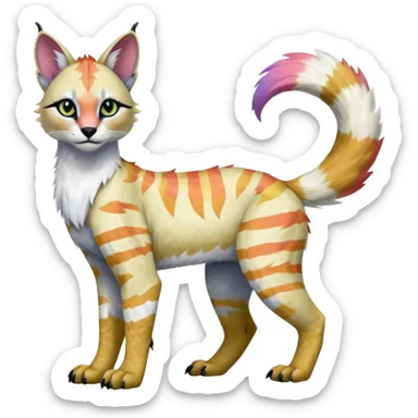 Colorful tropical tribal pale light fruity pastel white glorious iridescent divine exotic cute albino neon vibrant zigzagged cool beautiful fantasy-caracal-civet-genet-sergal-vernid-Gryphon-Cacomistle-Trico-oncilla-animal-Fakémon-hybrid-fursona (full body), facial markings,  sticker