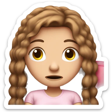 sad white girl with long brown hair crying on the cozy pink couch  sticker